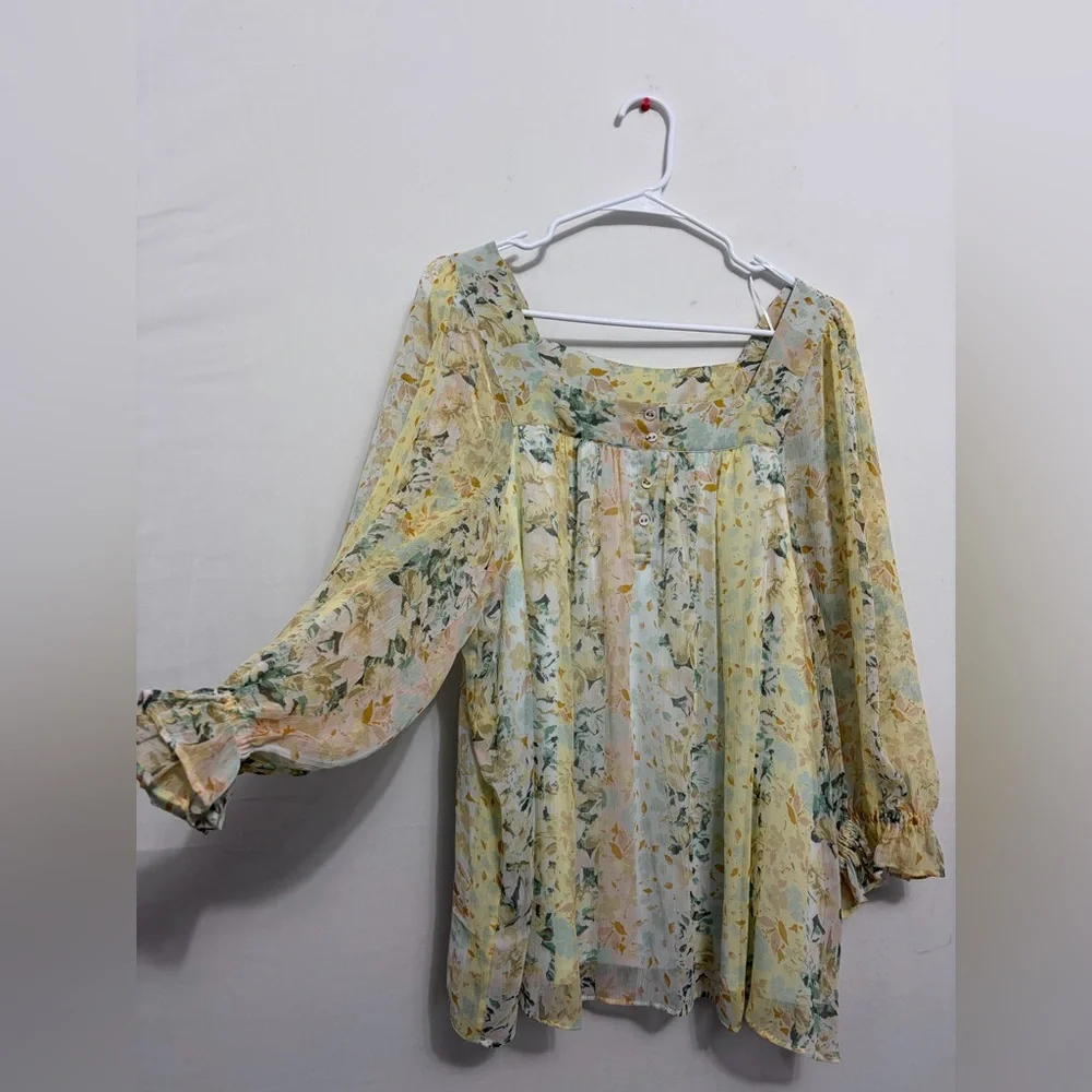 LC Lauren Conrad Floral Boho Blouse size XXL Sheer Long Sleeve Peasant Top(A465) - Picture 3 of 16